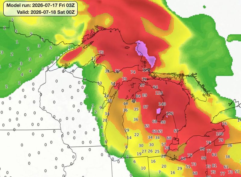 A look at the air quality forecast for 8 p.m. Friday, July 17 in the Great Lakes region, according to the National Weather Service's Air Quality Forecast Guidance Viewer.