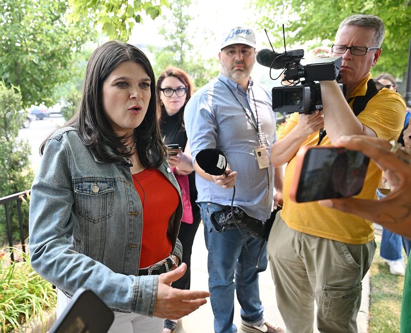 U.S. Rep. Haley Stevens, D-Birmingham, answers reporters’ questions on July 17 at the Farmington Founders Festival in Farmington. She is seeking the Democratic nomination for the U.S. Senate in the Aug. 4 primary against Abdul El-Sayed, a former Wayne County health official from Ann Arbor.