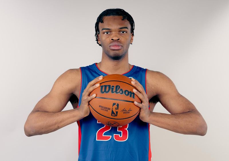 Ebuka Okorie of the Pistons poses for a portrait during the 2026 NBA Rookie Photo Shoot at UNLV in Las Vegas, Nevada.