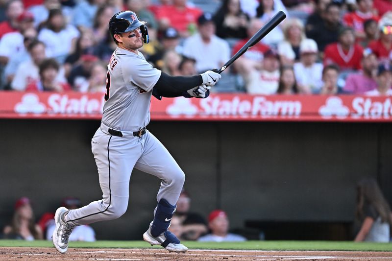 Jul 17, 2026; Anaheim, California, USA; Detroit Tigers catcher Dillon Dingler (13) hits a single during the first inning against the Los Angeles Angels at Angel Stadium. Mandatory Credit: William Liang-Imagn Images