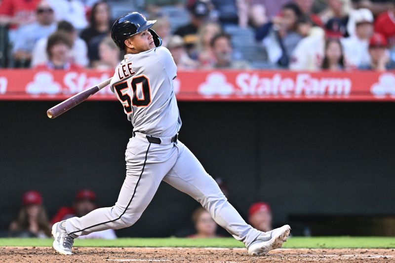Detroit Tigers second baseman Hao-Yu Lee (50) hits a flyout during the fifth inning against the Los Angeles Angels at Angel Stadium in Anaheim, California, on Friday, July 17, 2026.