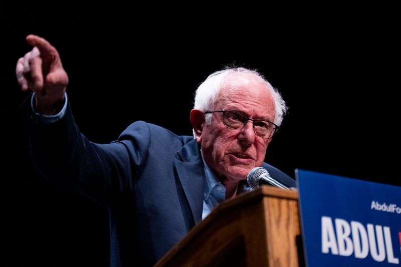 U.S. Sen. Bernie Sanders, of Vermont, speaks to the crowd during a rally for Michigan U.S. senate race candidate Abdul El-Sayed at the Detroit Opera House on Saturday, July 18, 2026.