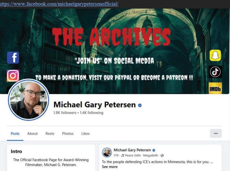 Michael Petersen's Facebook page, as seen in a federal complaint charging Petersen with making threats to shoot ICE agents