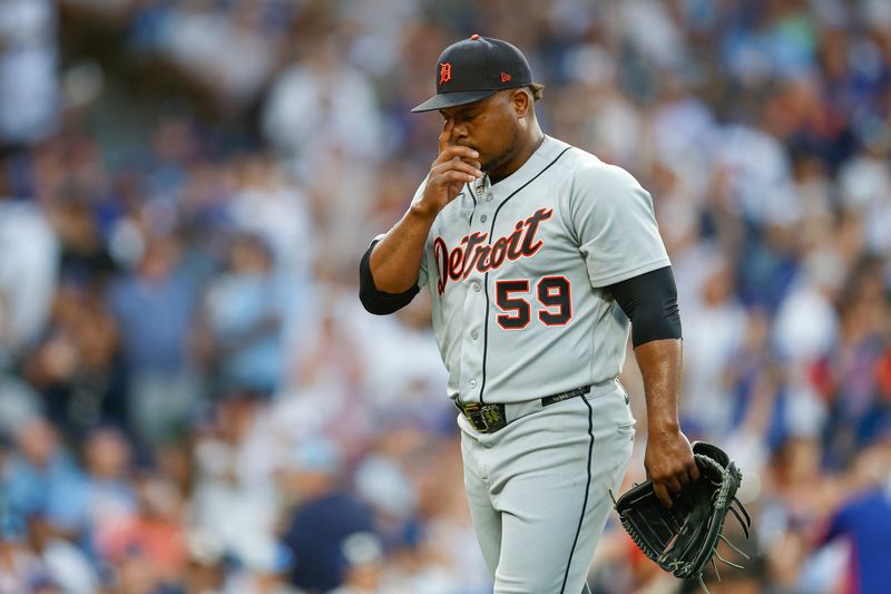Detroit Tigers starting pitcher Framber Valdez (59) leaves a baseball game against the Chicago Cubs during the first inning at Wrigley Field in Chicago on Tuesday, July 21, 2026.