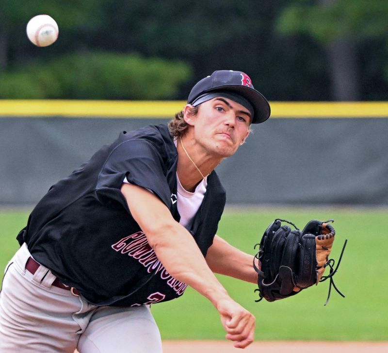 Falmouth starter Logan Pikur follows through on a pitch against Harwich  Tuesday July 21 2026