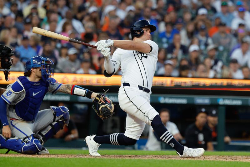 Detroit Tigers right fielder Kerry Carpenter hits a single in the seventh inning against the Kansas City Royals at Comerica Park on Thursday, July 23, 2026 in Detroit.