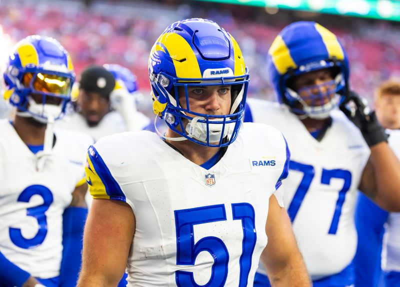 Dec 7, 2025; Glendale, Arizona, USA; Los Angeles Rams  linebacker Troy Reeder (51) against the Arizona Cardinals at State Farm Stadium. Mandatory Credit: Mark J. Rebilas-Imagn Images