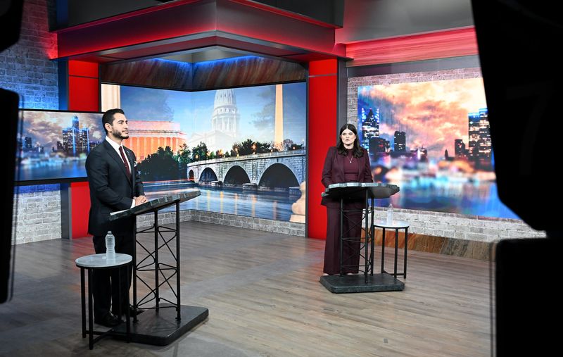 U.S. Senate candidates Abdul El-Sayed, left, and U.S. Rep. Haley Stevens participate in a televised debate moderated by Roop Raj from Fox 2 on July 27, 2026 at Fox 2 Studios in Southfield, Mich.