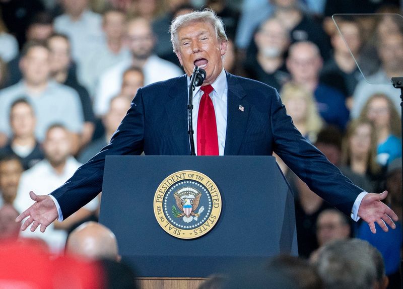 President Donald Trump speaks during a rally at the General Motors Proving Ground in Milford on Monday, July 27, 2026.