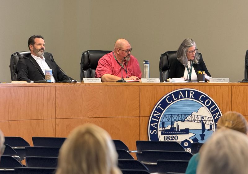 From left, St. Clair County Health Department Medical Director Dr. Remington Nevin, Administrator Greg Brown and Health Officer Liz King participate in the public hearing on the department's proposed fluoride addition regulation on July 28, 2026, in Port Huron.