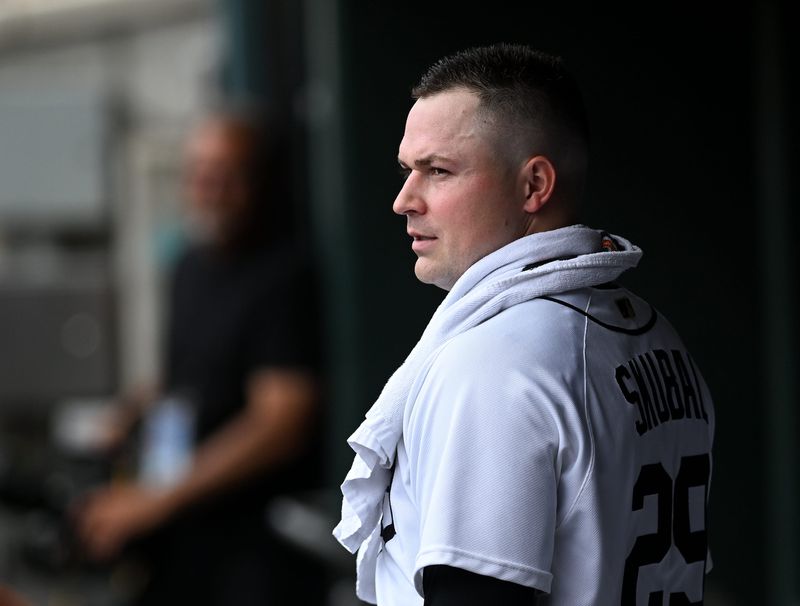 Tigers pitcher Tarik Skubal in the dugout in the seventh inning.
