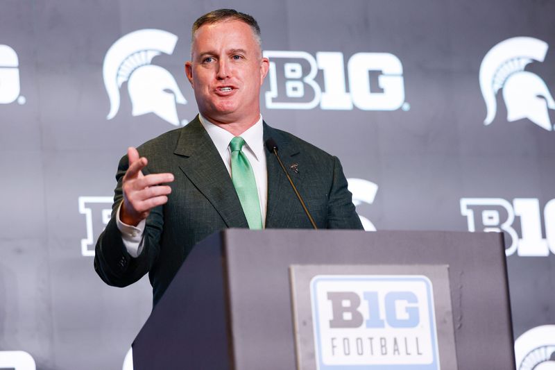 Jul 29, 2026; Chicago, IL, USA; Michigan State Football head coach Pat Fitzgerald speaks during Big Ten Media Days at Hilton Chicago. Mandatory Credit: Kamil Krzaczynski-Imagn Images
