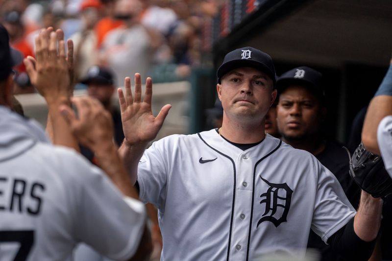 Detroit Tigers starting pitcher Tarik Skubal (29) celebrates in the dugout with his teammates after pitching his last inning against the Baltimore Orioles at Comerica Park in Detroit on Wednesday, July 29, 2026.