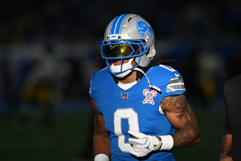 Dec 21, 2025; Detroit, Michigan, USA; Detroit Lions running back Jahmyr Gibbs (0) warms up before the game against the Pittsburgh Steelers at Ford Field. Mandatory Credit: Lon Horwedel-Imagn Images
