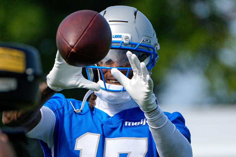 Detroit Lions wide receiver Tay Martin (17) practices during training camp at Meijer Performance Center in Allen Park on Thursday, July 30, 2026.