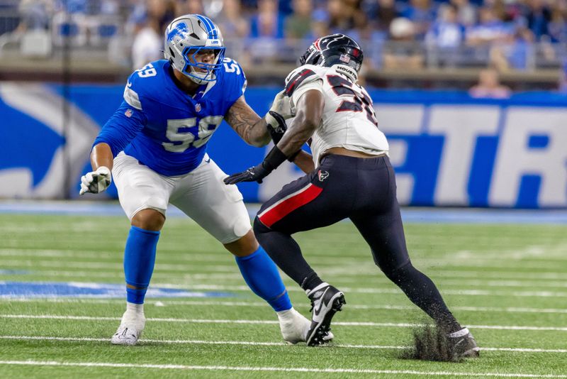 Aug 23, 2025; Detroit, Michigan, USA; Detroit Lions offensive tackle Giovanni Manu (59) defends against Houston Texans defensive end Solomon Byrd (50) during the second half at Ford Field. Mandatory Credit: David Reginek-Imagn Images