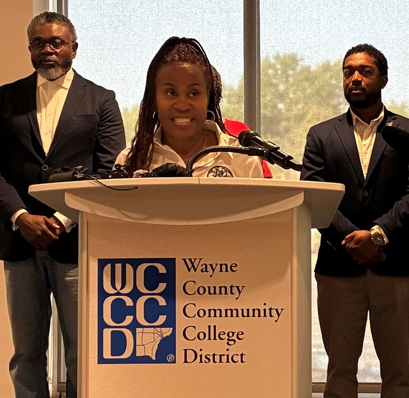 Detroit City Clerk Janice Winfrey, center, talks about U.S. Department of Justice claims about the city's handling of the 2024 elections and other issues ahead of the Aug. 4 primary election on Thursday, July 30, 2026.