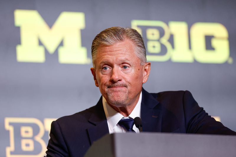 Michigan coach Kyle Whittingham speaks during Big Ten media days at Hilton Chicago in Chicago on Thursday, July 30, 2026.