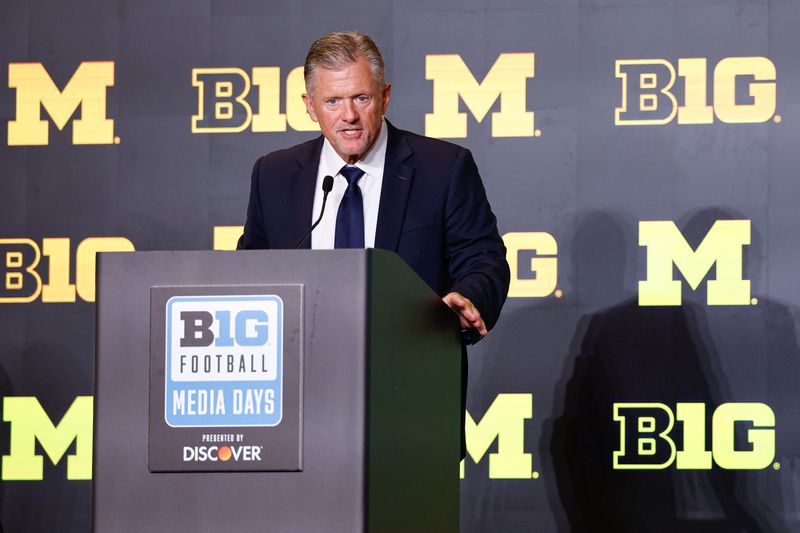 Michigan coach Kyle Whittingham speaks during Big Ten media days at Hilton Chicago in Chicago on Thursday, July 30, 2026.