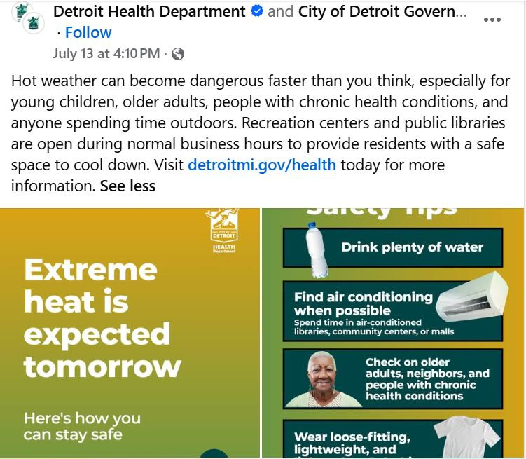 A screengrab of a post on the city of Detroit social pages about extreme heat.