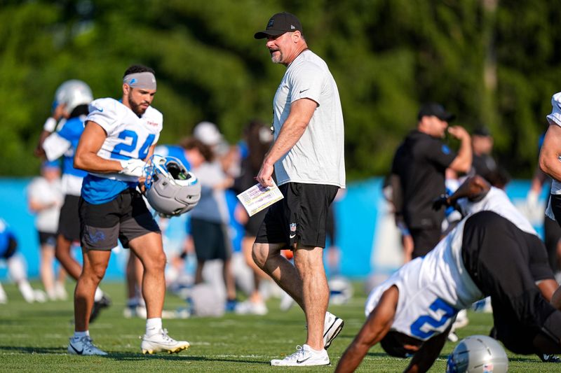 Detroit Lions head coach Dan Campbell watches practice during training camp at Meijer Performance Center in Allen Park on Friday, July 31, 2026.
