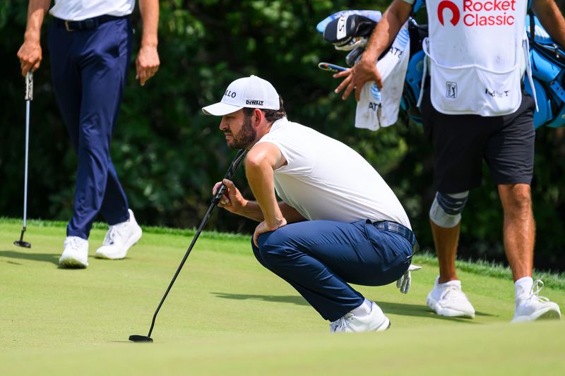 Patrick Cantlay of the U.S. analyzes the 8th green during Round 2 of the Rocket Classic on Friday, July 31, 2026 at Detroit Golf Club.