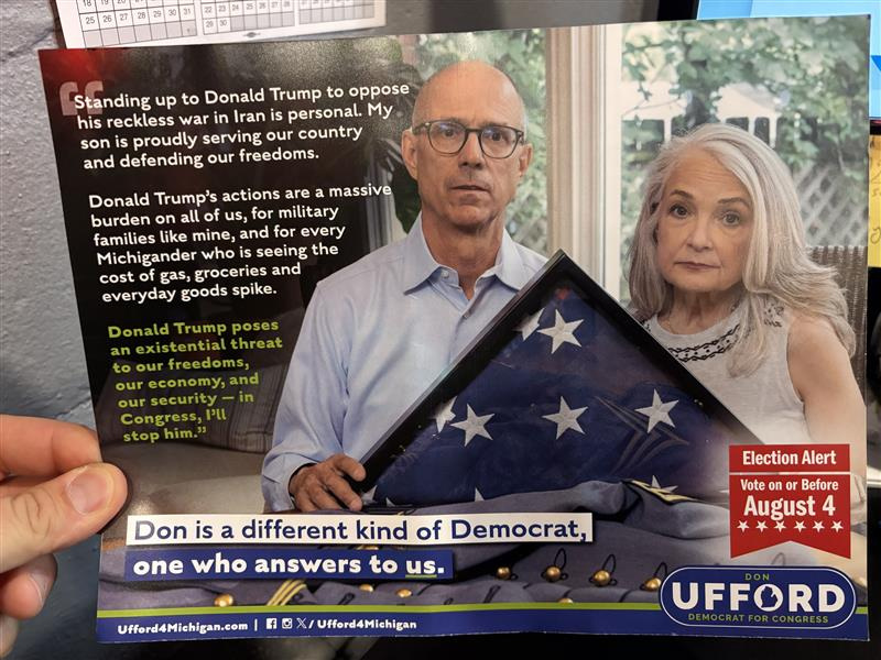 A piece of campaign mail paid for Democratic U.S. House candidate Don Ufford of Bloomfield Township. He is running in Michigan's 11th District and has gotten minimal financial support from outside groups.