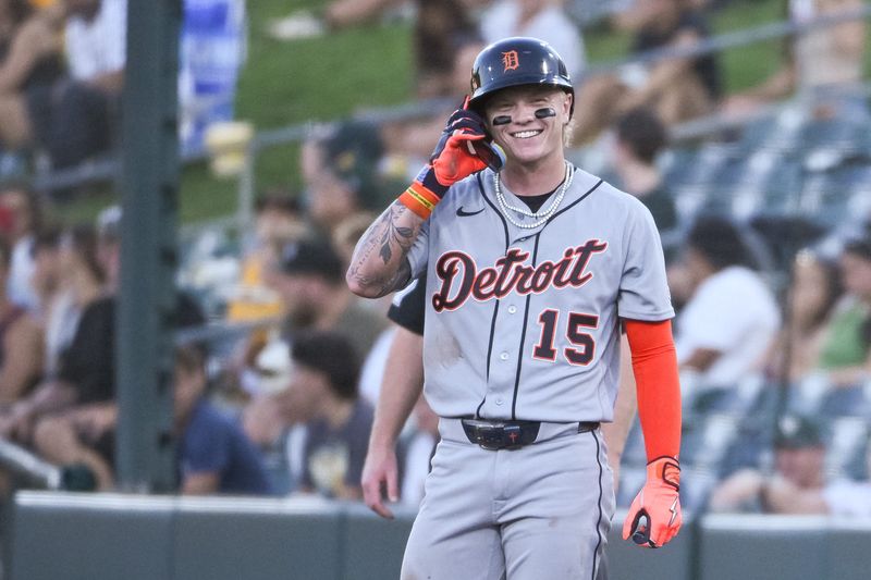 Jul 31, 2026; West Sacramento, California, USA; Detroit Tigers center fielder Max Clark (15) reacts after hitting a single during the fourth inning of the game against the Athletics at Sutter Health Park. Mandatory Credit: Ed Szczepanski-Imagn Images