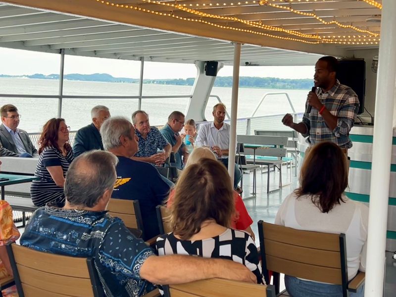 Michigan gubernatorial candidate and U.S. Rep. John James, R-Shelby Township, was asked about his position on the proliferation of hyperscale data centers during a campaign event Saturday on the Aquastar tour boat docked on Muskegon Lake near downtown Muskegon.