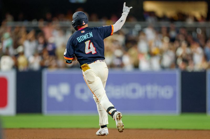 Jul 31, 2026; San Diego, California, USA; San Diego Padres left fielder Jase Bowen (4) celebrates after hitting a one-run home run during the fourth inning against the San Francisco Giants at Petco Park. Mandatory Credit: David Frerker-Imagn Images
