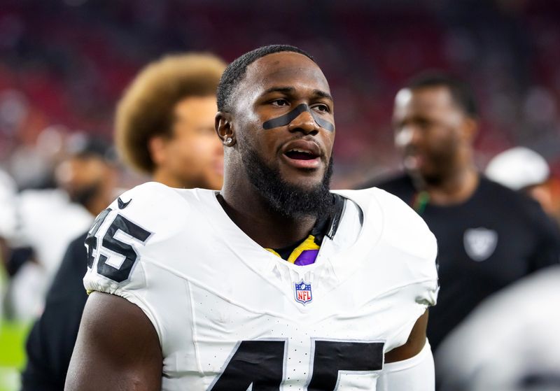 Aug 23, 2025; Glendale, Arizona, USA; Las Vegas Raiders linebacker Devin White (45) against the Arizona Cardinals during a preseason NFL game at State Farm Stadium. Mandatory Credit: Mark J. Rebilas-Imagn Images