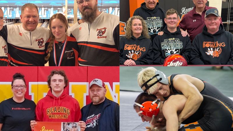 Hillsdale County non-basketball MVPs included Jonesville bowlers Morgan Dilyard (top left) and Kyle Covey (top right), Reading wrestler Isaac Westfall (bottom left) and Jonesville wrestler Blake Ryan (bottom right).