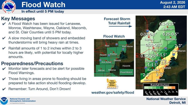A flood watch is in effect for parts of southeast Michigan Sunday, Aug. 2, 2026 including metro Detroit, Ann Arbor, Adrian, Monroe and Port Huron.