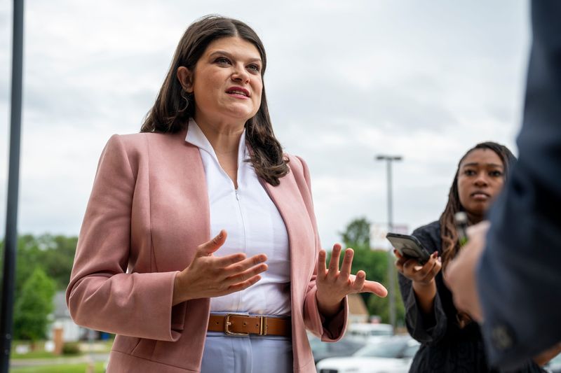 U.S. Rep. Haley Stevens, D-Mich., speaks to reporters during a campaign stop on Sunday, Aug. 2, 2026, at Fellowship Chapel in Detroit ahead of Tuesday's Democratic U.S. Senate primary.