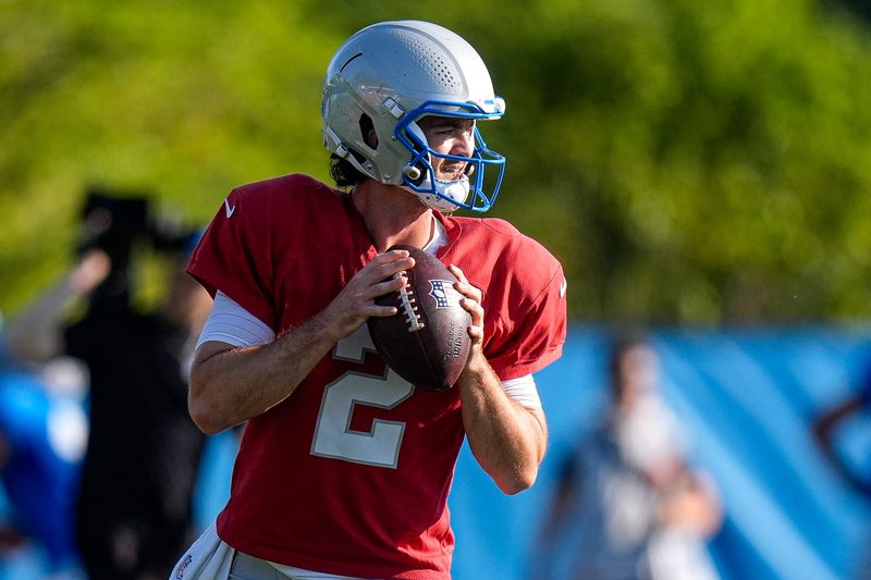 Detroit Lions quarterback Luke Altmyer (2) practices during training camp at Meijer Performance Center in Allen Park on Monday, August 3, 2026.