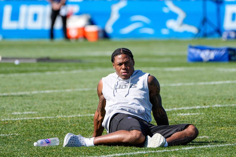 Detroit Lions running back Jahmyr Gibbs on the field after practice during training camp at Meijer Performance Center in Allen Park on Monday, August 3, 2026.