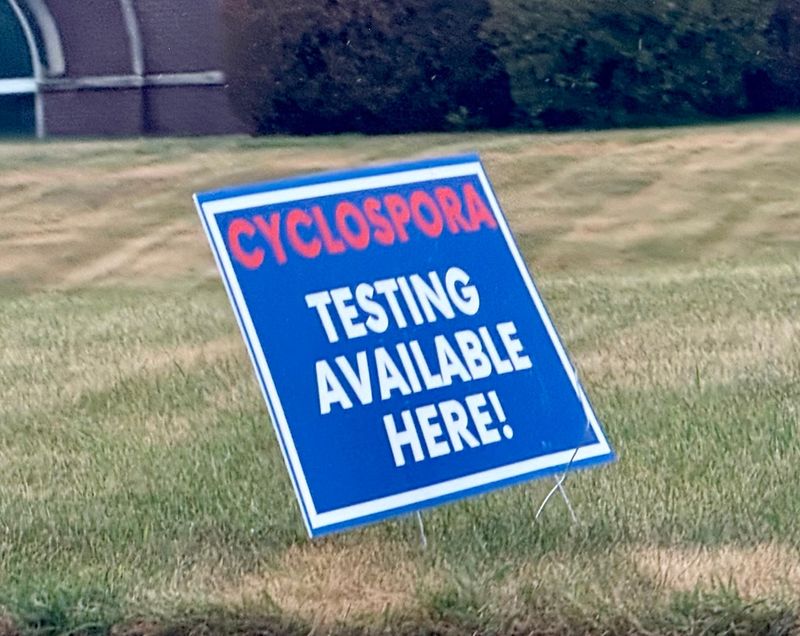 A sign offers testing for cyclosporiasis, a parasitic illness that causes explosive diarrhea, amid Michigan's largest outbreak.