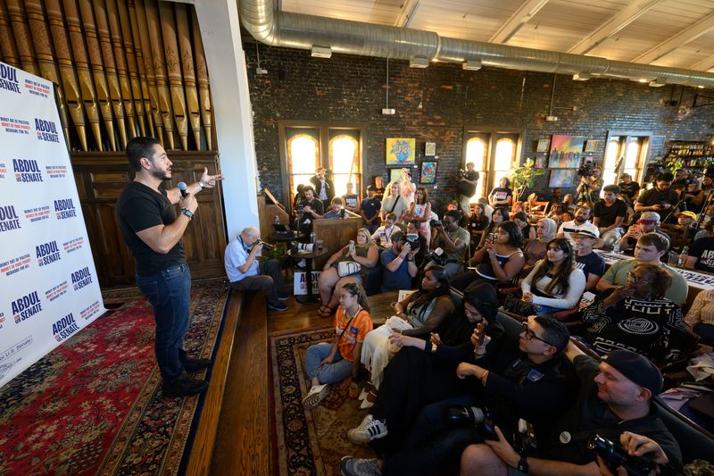 Michigan Democratic U.S. Senate candidate Abdul El-Sayed speaks to supporters during an election event at the Congregation coffee shop, in Detroit, Aug. 3, 2026.