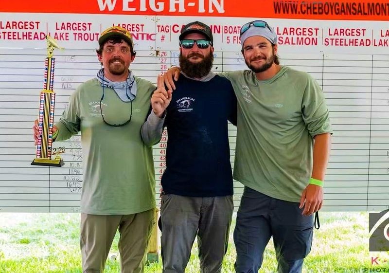 Winning this year’s Cheboygan Salmon fishing tournament boat division was Diabolical II, captained by Cheboygan’s Jack France (first from left). Diabolical II recorded 74.32 total pounds of fish.