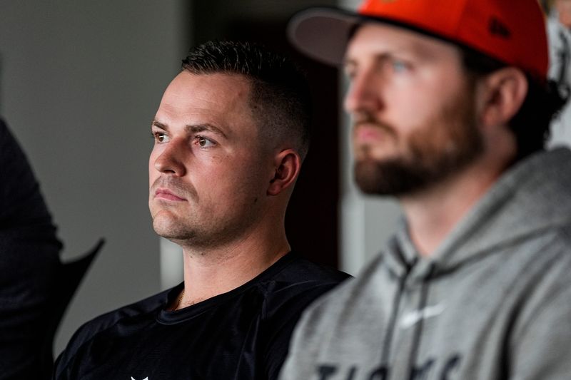 Tigers pitchers Tarik Skubal, left, Casey Mize watch during Justin Verlander’s introductory press conference at the 34 Club of Joker Marchant Stadium.
