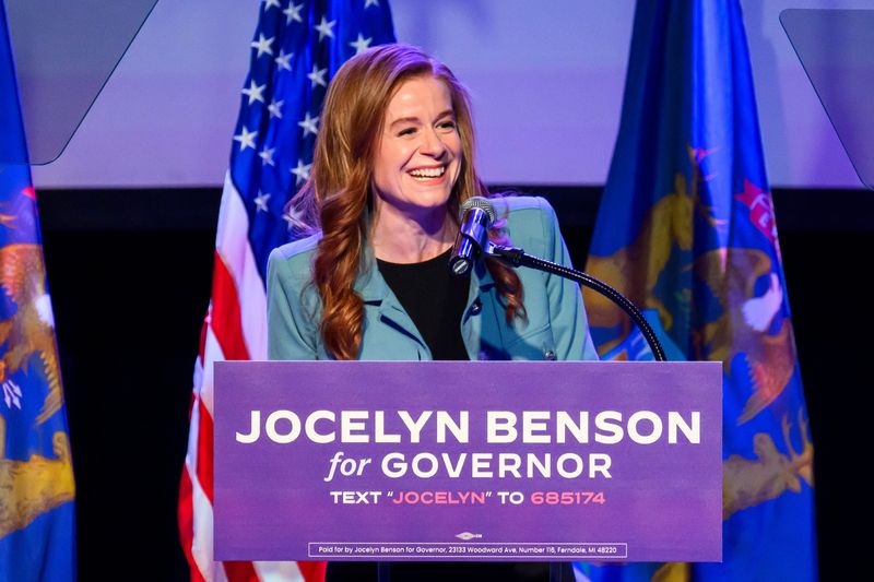 State Sen. Mallory McMorrow speaks during a primary election watch party for Michigan Secretary of State and gubernatorial candidate Jocelyn Benson on Tuesday, Aug. 4, 2026 at Garden Theater in Detroit.