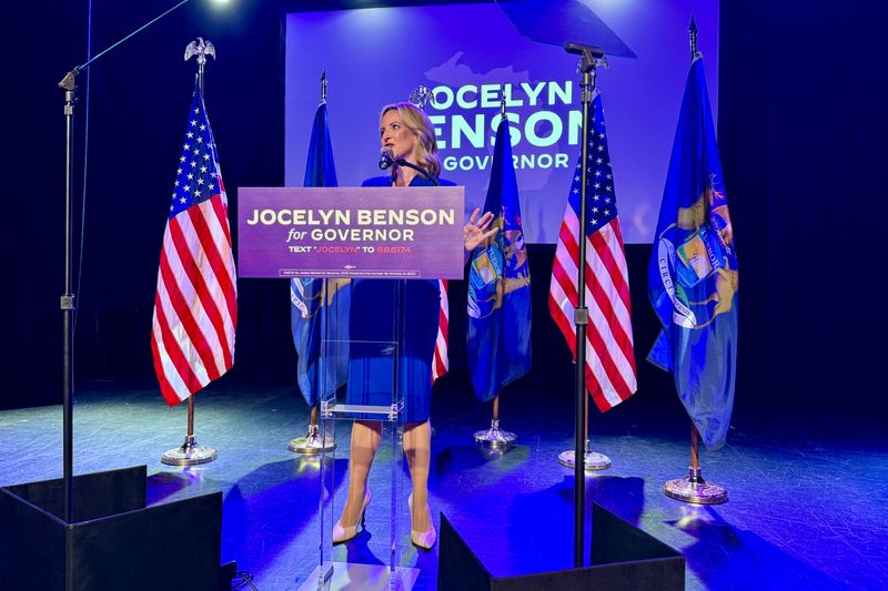 Michigan Secretary of State and gubernatorial candidate Jocelyn Benson speaks to supporters after winning the Democratic primary for governor at the Garden Theater in Detroit on Tuesday, Aug. 4, 2026.