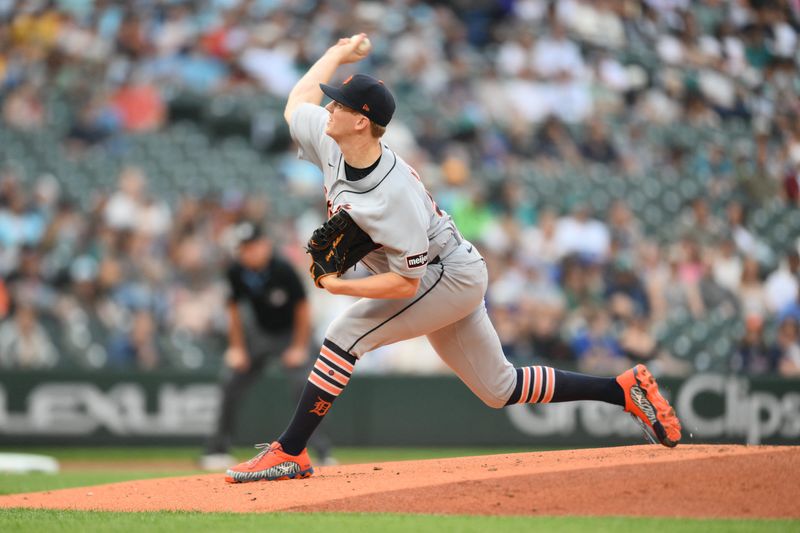 Detroit Tigers starting pitcher Troy Melton (52) pitches to the Seattle Mariners during the first inning at T-Mobile Park in Seattle on Tuesday, Aug. 4, 2026.