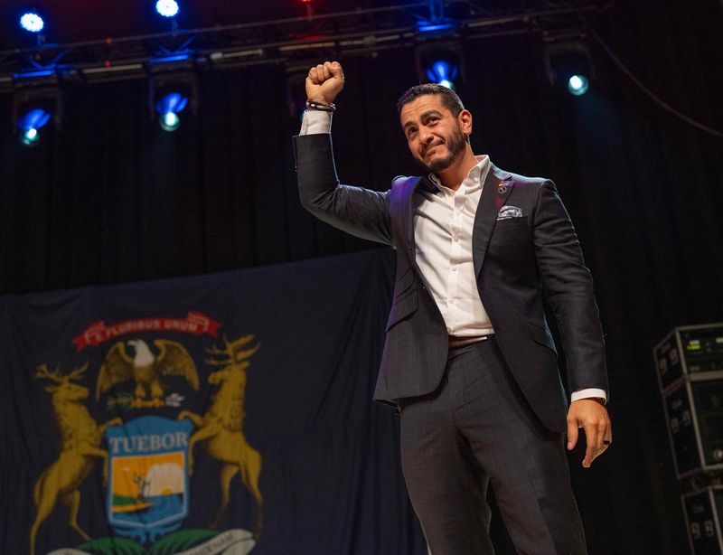 Abdul El-Sayed takes the stage to talk to supporters during his election night watch party at the Majestic Theatre in Detroit on Wednesday, Aug. 5, 2026.