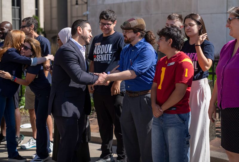 Abdul El-Sayed thanks supporters before a press conference at the Spirit of Detroit, Wed., August. 5, 2026, in Detroit.