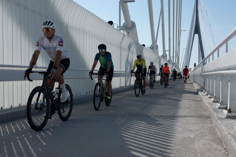 Cyclists cross the Gordie Howe International Bridge on Wednesday, Aug. 5, 2026, in Detroit.