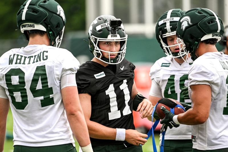 Michigan State quarterback Alessio Milivojevic looks on during football practice on Thursday, Aug. 6, 2026, in East Lansing.