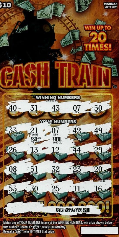 A Macomb County man won $1 million in the Michigan Lottery’s new Cash Train instant game, officials said.