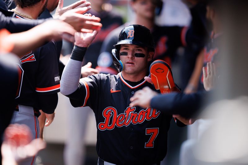 Aug 6, 2026; Seattle, Washington, USA; Detroit Tigers shortstop Kevin McGonigle (7) celebrates scoring after a home run hit by catcher Dillon Dingler (13) in the first inning against the Seattle Mariners at T-Mobile Park. Mandatory Credit: Kevin Ng-Imagn Images