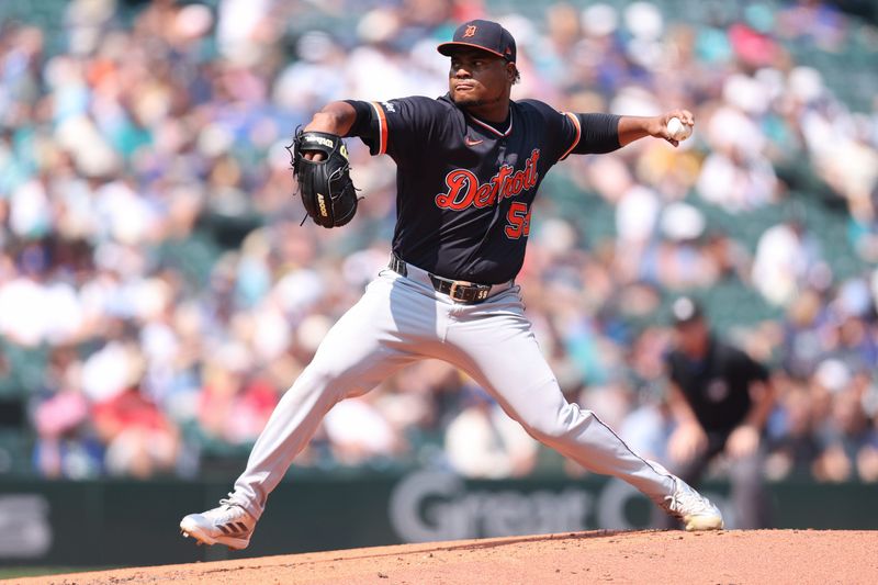 Detroit Tigers starting pitcher Framber Valdez (59) delivers in the second inning against the Seattle Mariners at T-Mobile Park in Seattle on Thursday, Aug. 6, 2026.